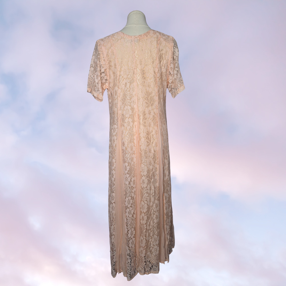 90s Vtg Olivia Long Maxi Peach Pink Lace Layered Whimsy Fairy Cottage Dress Sz M - Picture 4 of 6